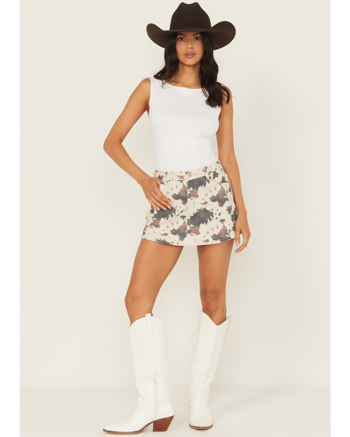 Image #1 - Blue B Women's Cow Print Denim Skort, Multi, hi-res