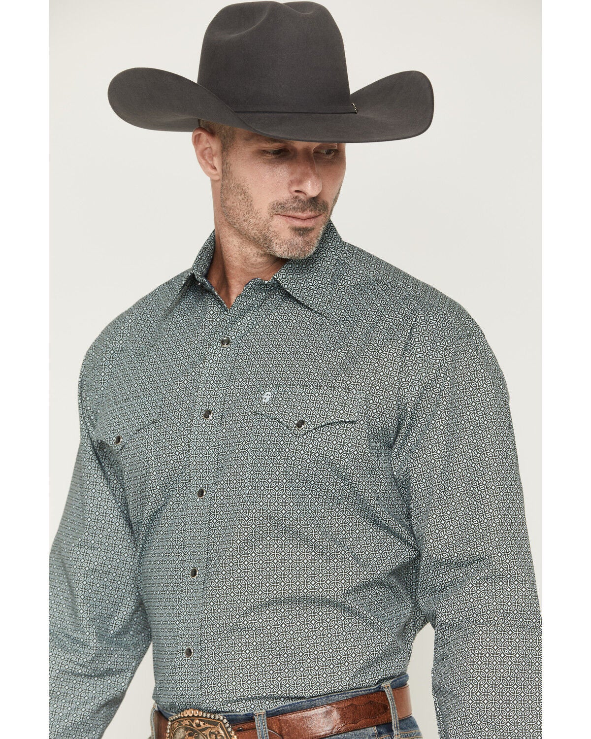 Image #2 - Stetson Men's Geo Print Long Sleeve Snap Western Shirt, Green, hi-res