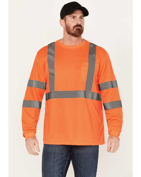 Hawx Men's Solid Enhanced Hi-Vis Long Sleeve Pocket Work T-Shirt , Orange, hi-res