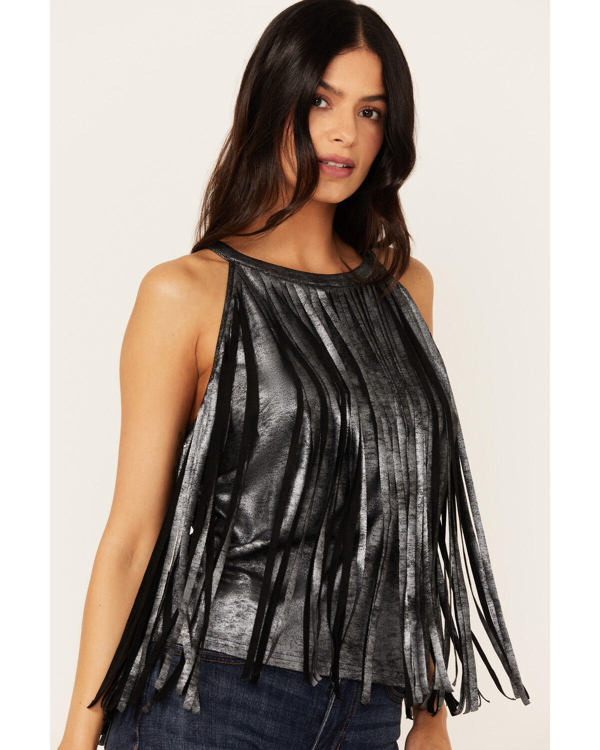 Image #2 - Idyllwind Women's Prescott Foiled Faux Suede Fringe Tank, Black, hi-res
