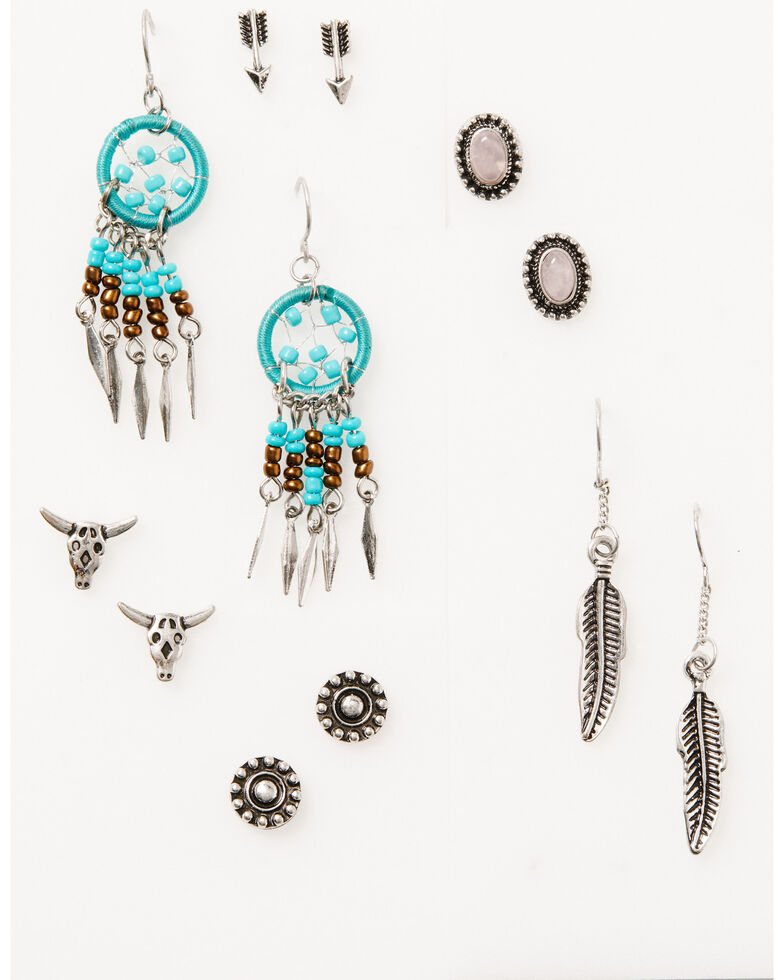 Shyanne Women's 6-piece Silver & Turquoise Longhorn Dreamcatcher Earrings Set, Silver, hi-res