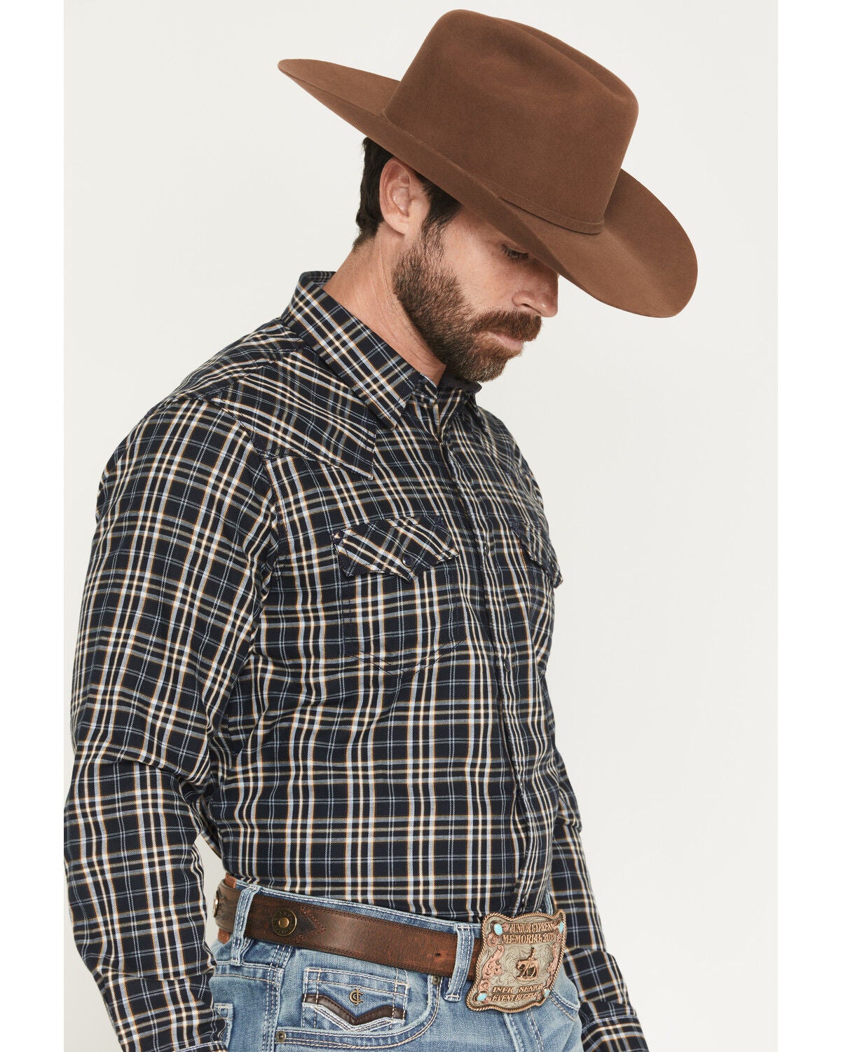 Image #2 - Cody James Men's Warriors Way Plaid Print Long Sleeve Snap Western Shirt, Dark Blue, hi-res