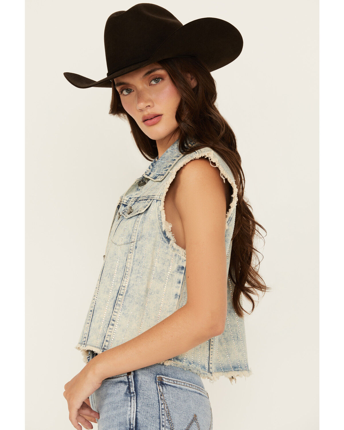 Image #2 - Veveret Women's Light Wash Denim Rhinestone Vest, Light Wash, hi-res