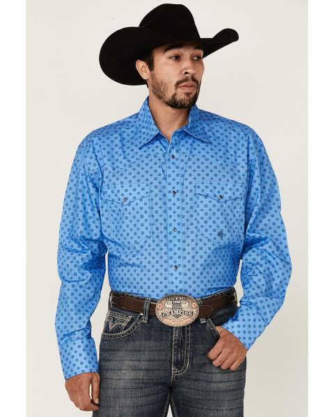 Roper Men's Cottage Foulard Geo Print Long Sleece Snap Western Shirt , Blue, hi-res