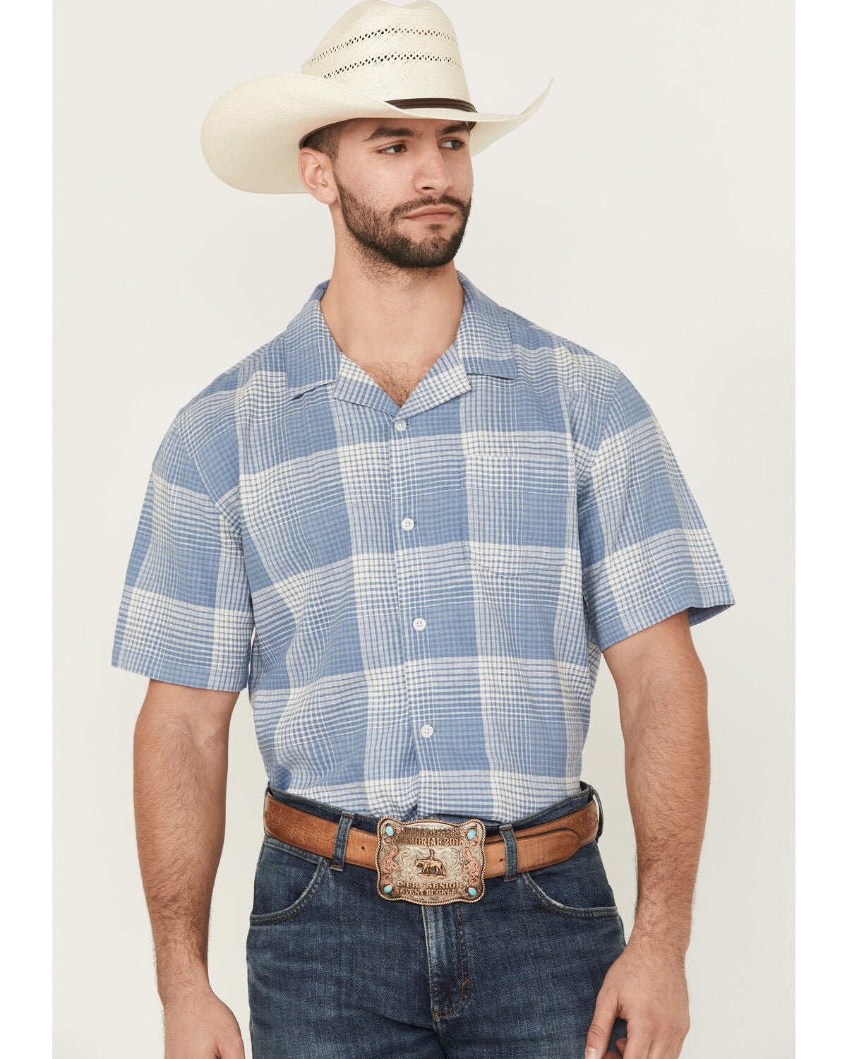 Pendleton Men's Camp Linen Plaid Print Short Sleeve Button-Down Western Shirt, Blue, hi-res