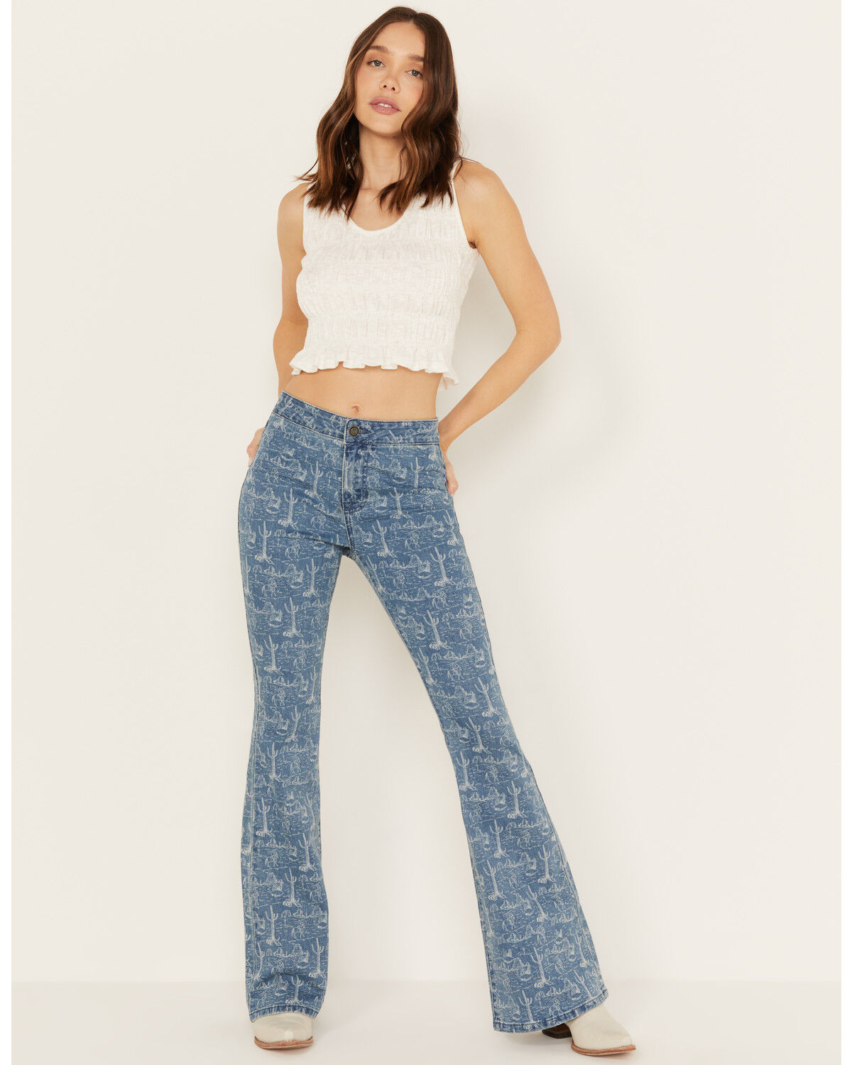 Image #1 - Rock & Roll Denim Women's Medium Wash High Rise Desert Print Bargain Flare Jeans, Medium Wash, hi-res