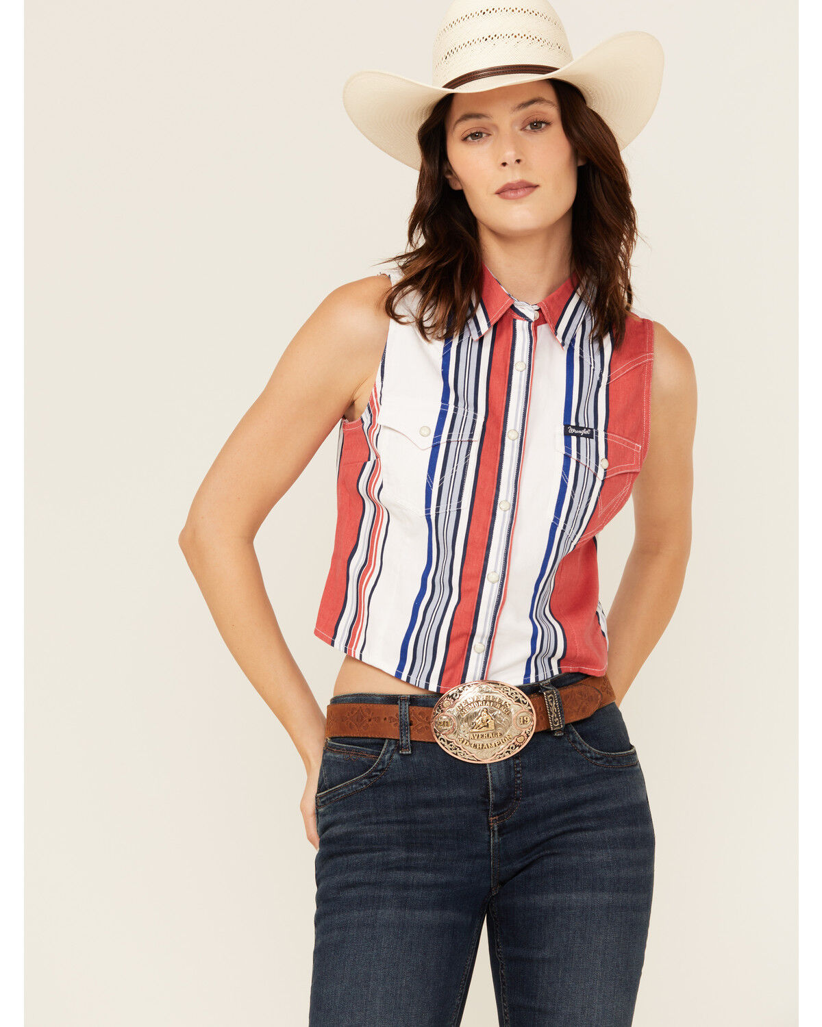 Image #1 - Wrangler Retro Women's Striped Print Sleeveless Snap Cropped Western Shirt, Red, hi-res