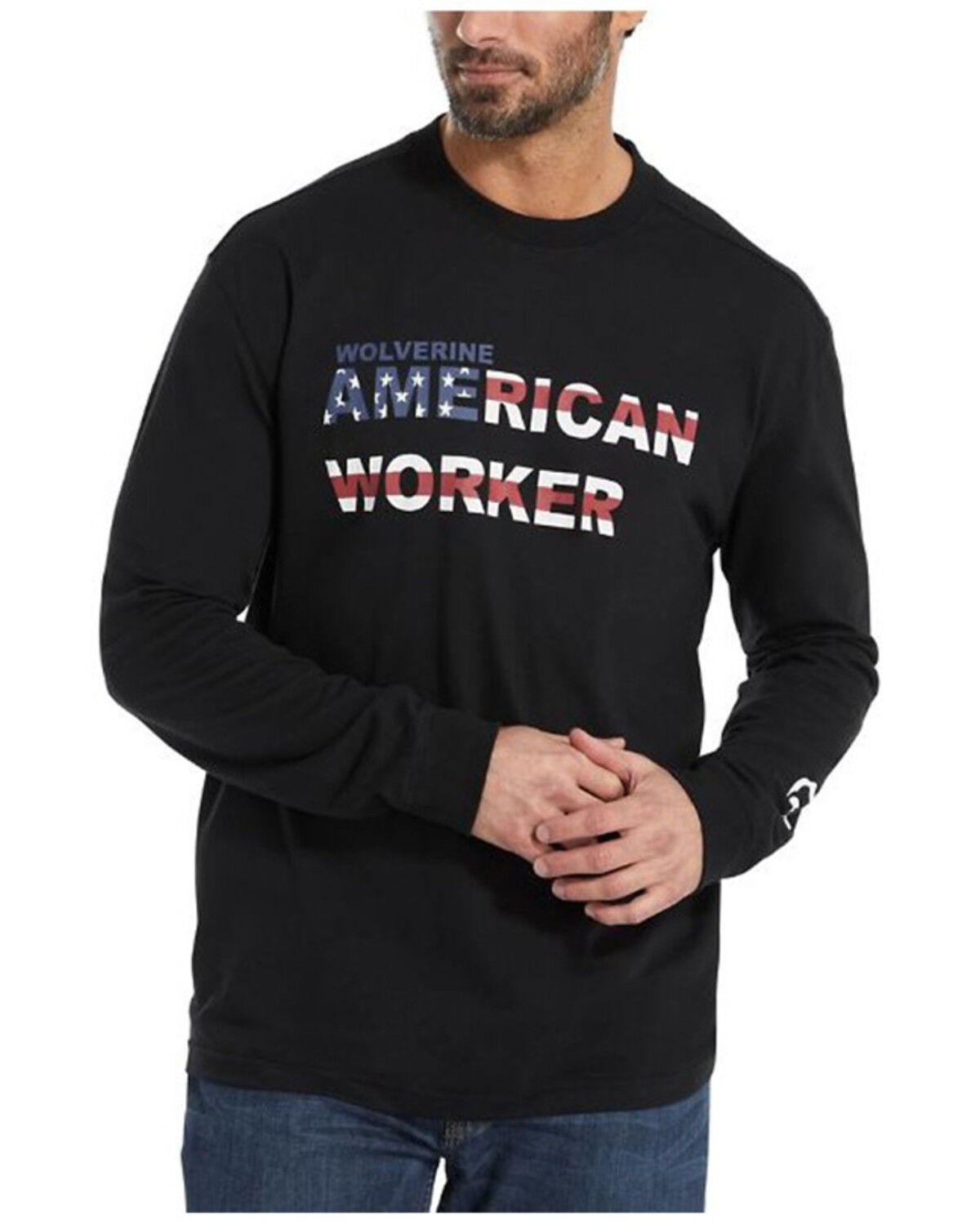 Image #1 - Wolverine Men's Americana Worker Logo Long Sleeve Work T-Shirt, Black, hi-res