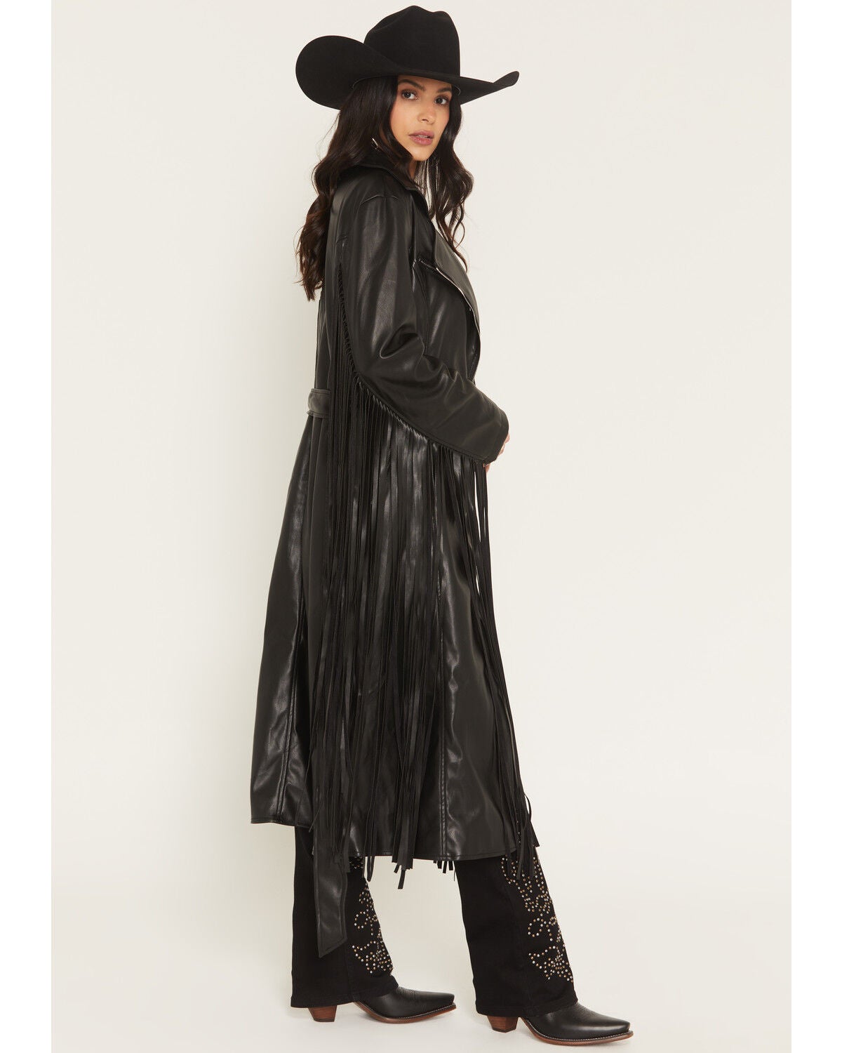 Image #2 - Azalea Wang Women's Fringe Faux Leather Coat, Black, hi-res