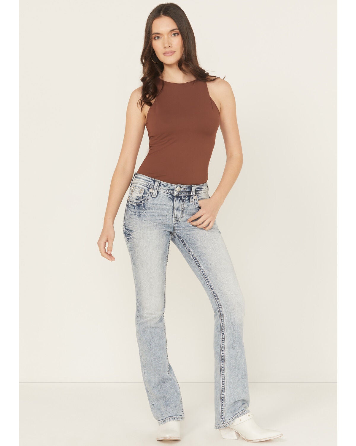 Image #3 - Miss Me Women's Medium Wash Mid Rise Americana Fleur de Lis 32" Bootcut Stretch Denim Jeans, Medium Wash, hi-res
