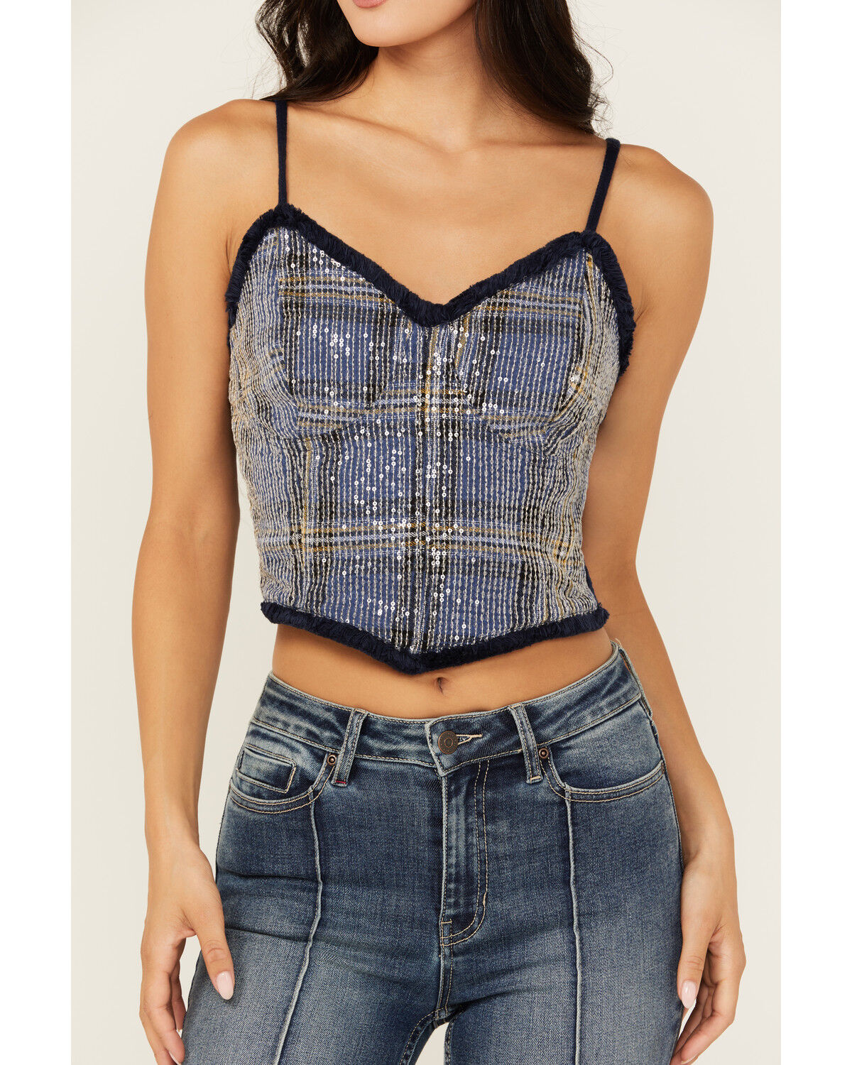 Image #3 - Miss Me Women's Sequins Plaid Print Tank, Medium Blue, hi-res