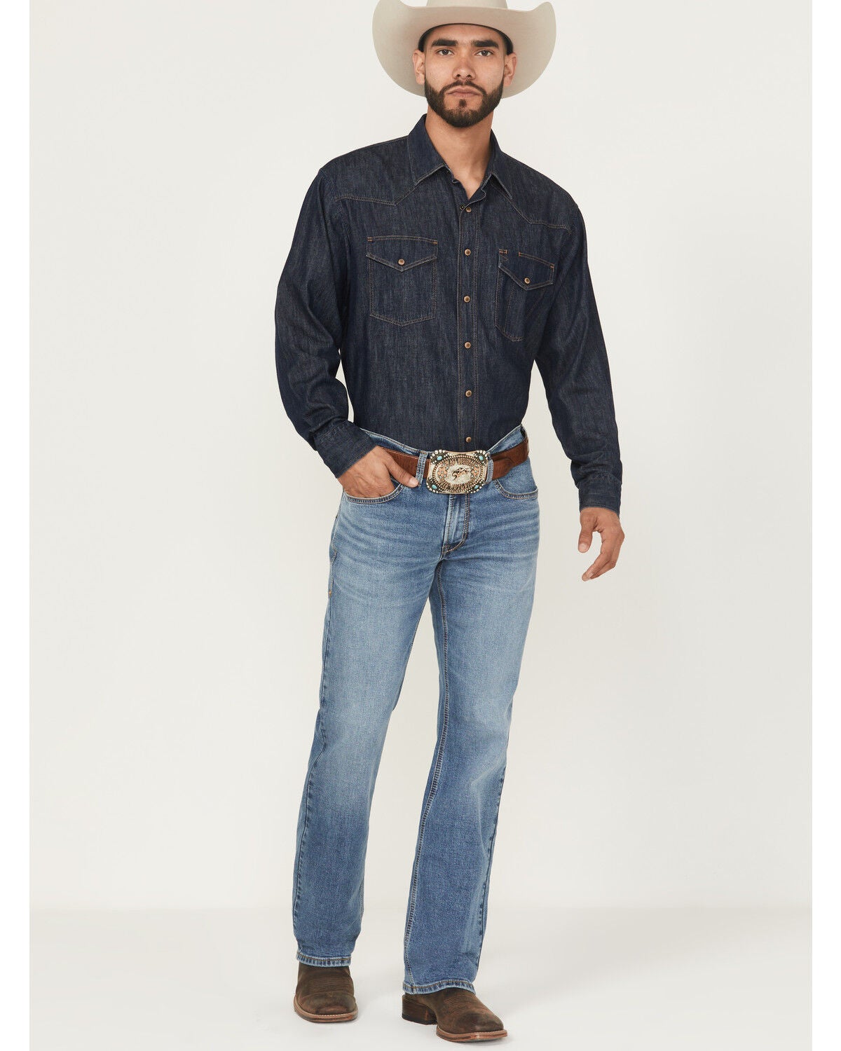 Ariat Men's M4 Medium Wash Relaxed Bootcut Stretch Denim Jeans, Medium Wash, hi-res