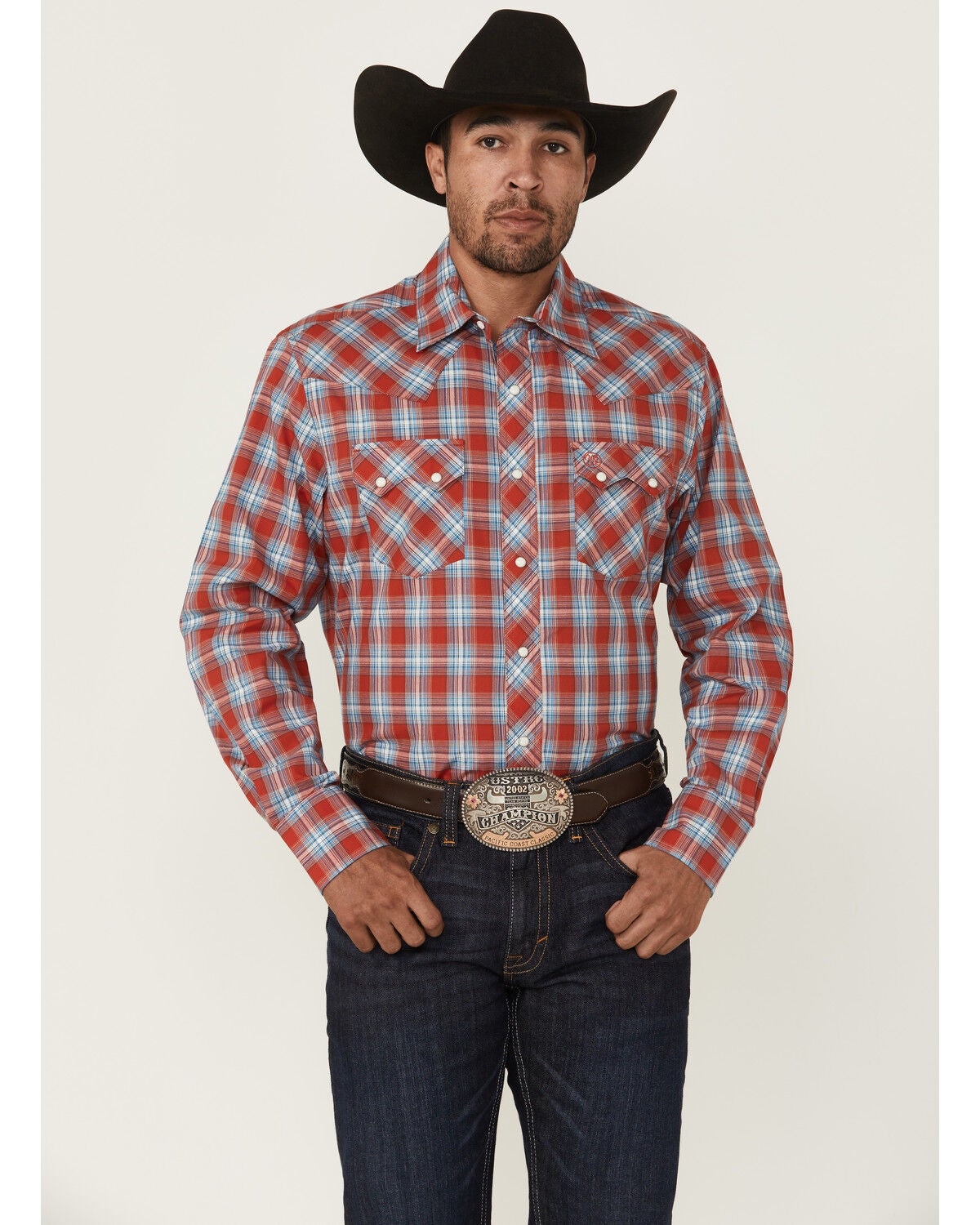 Wrangler Retro Men's Plaid Print Long Sleeve Snap Western Shirt, Red, hi-res