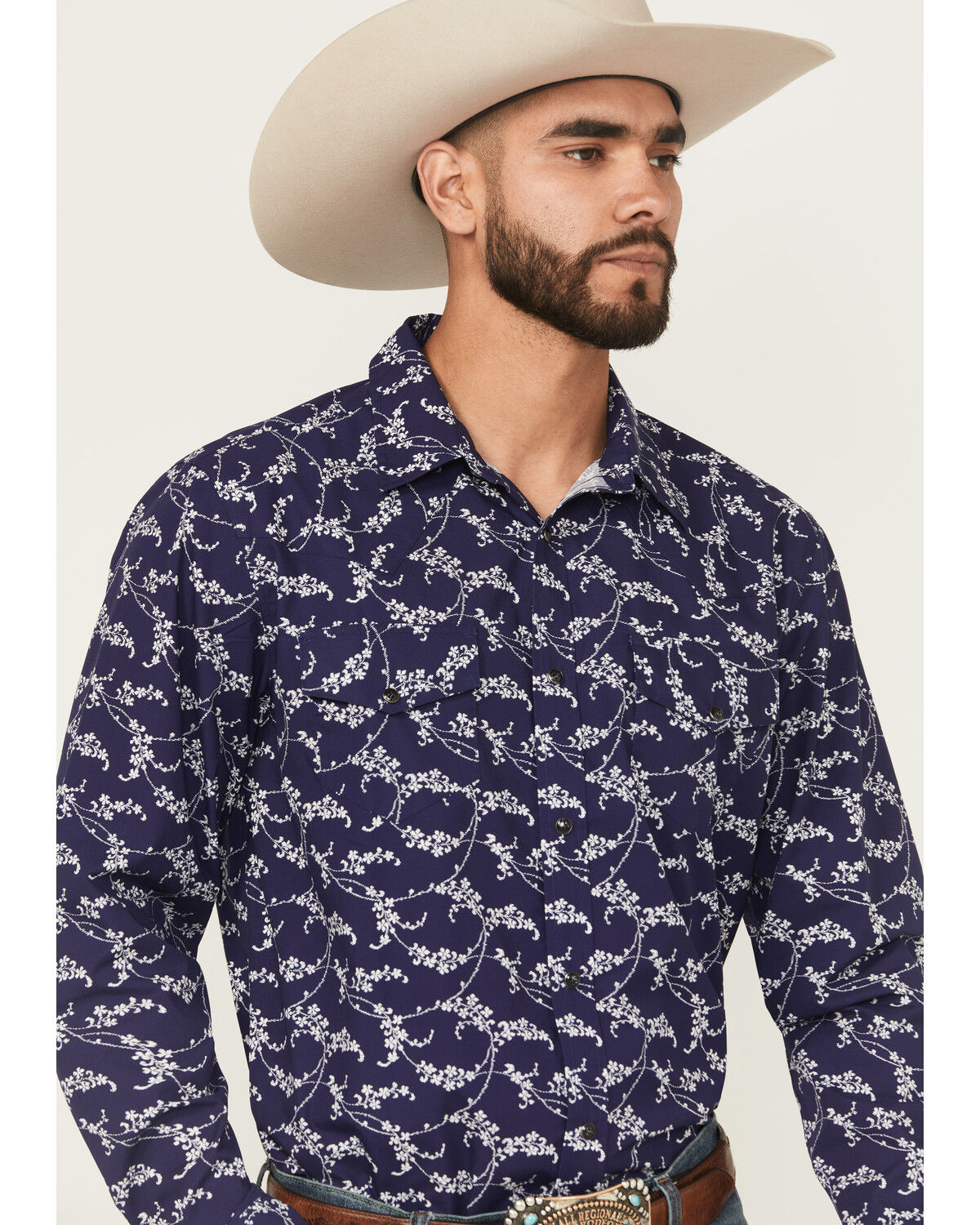 Image #2 - Gibson Trading Co Men's Blossom Floral Print Long Sleeve Snap Western Shirt, Navy, hi-res