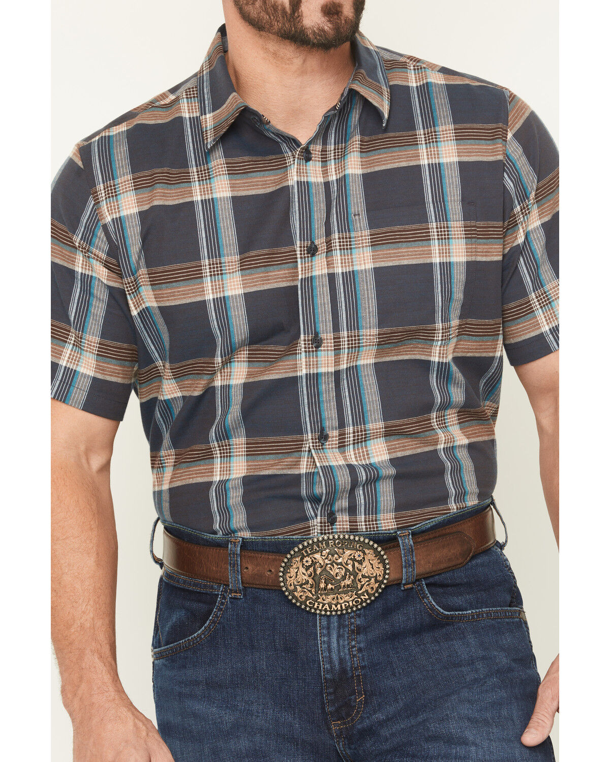 Image #3 - Cody James Men's High Plains Ranch Plaid Print Short Sleeve Button-Down Stretch Western Shirt, Navy, hi-res
