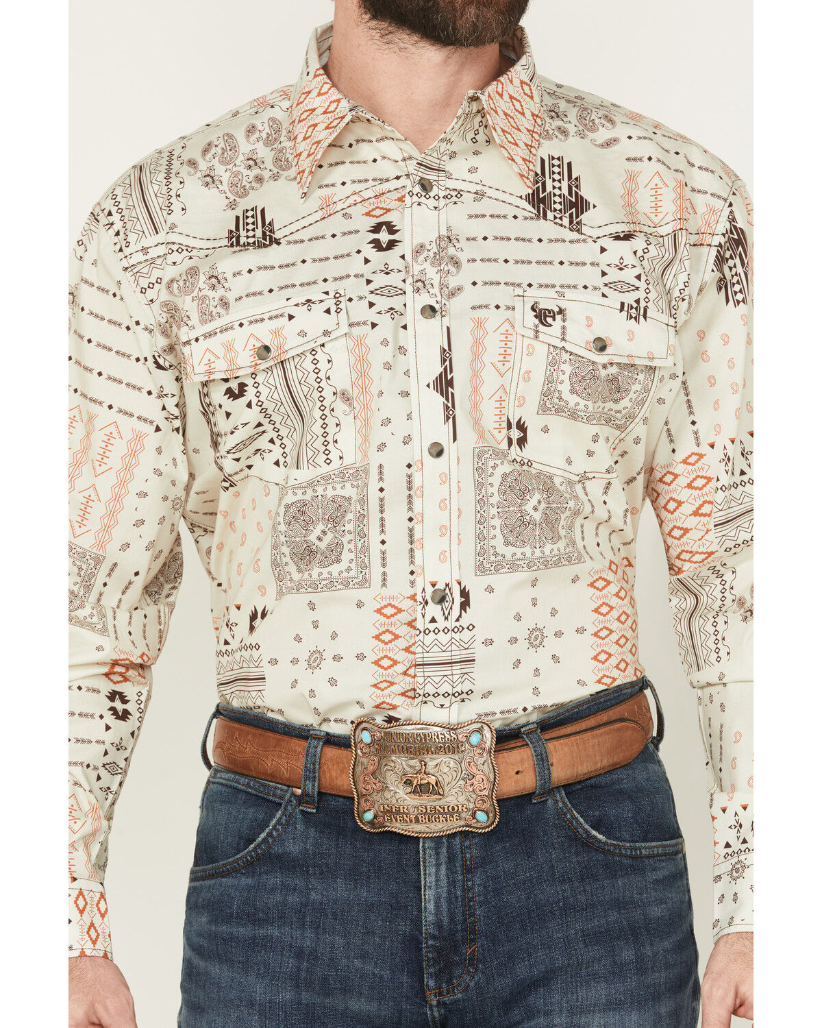 Image #3 - Cowboy Hardware Men's Southwestern Print Long Sleeve Snap Stretch Western Shirt, Tan, hi-res