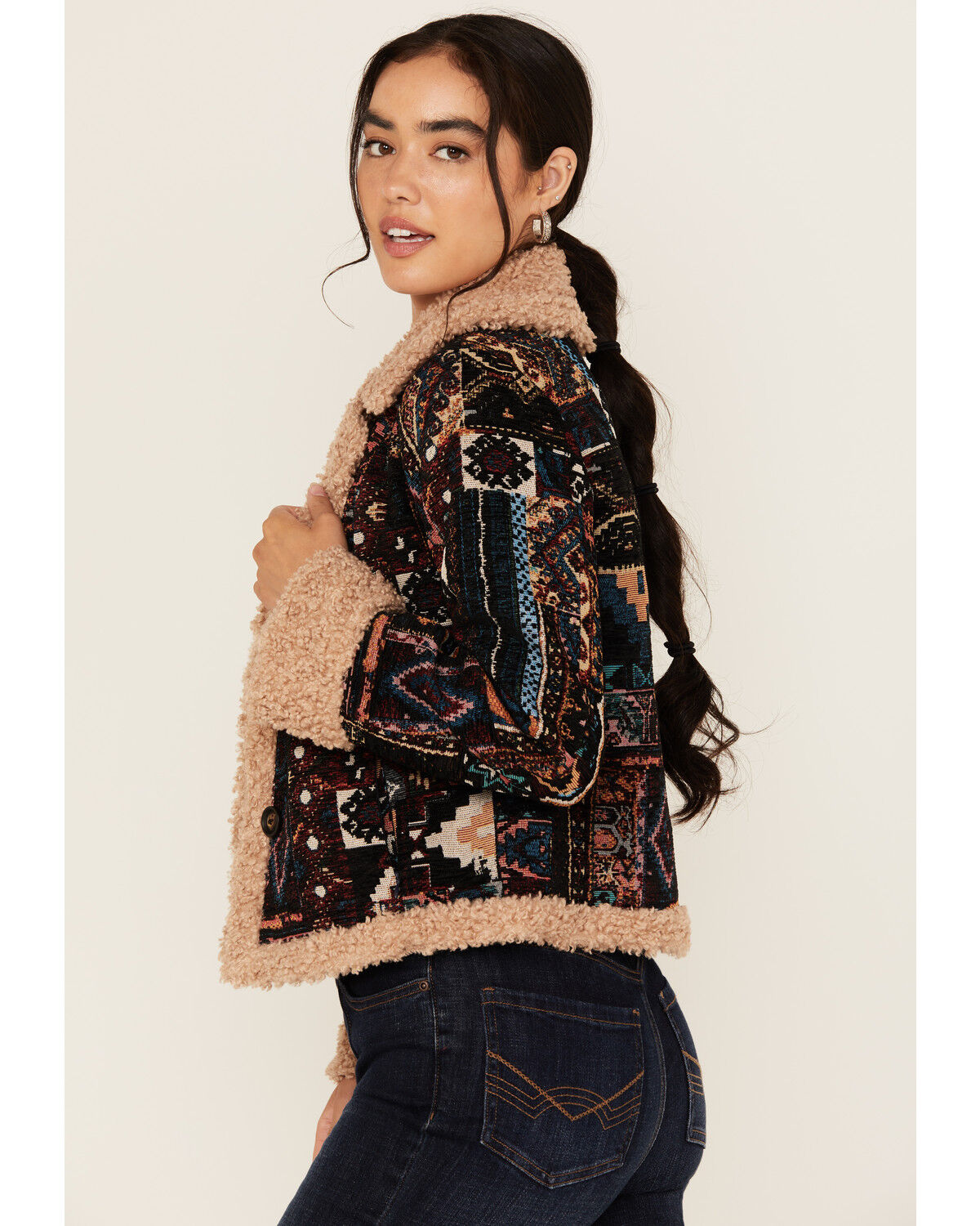 Image #2 - Shyanne Women's Tapestry Sherpa Lined Button-Down Cropped Jacket, Navy, hi-res