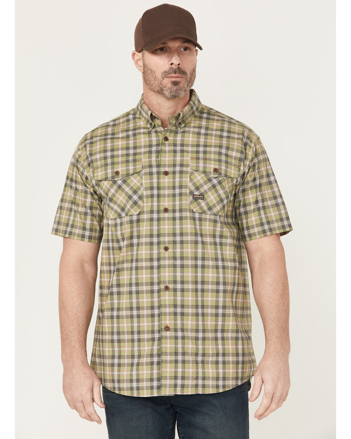 Ariat Men's Rebar Made Tough Short Plaid Print Sleeve Button-Down Stretch Work Shirt, Beige, hi-res