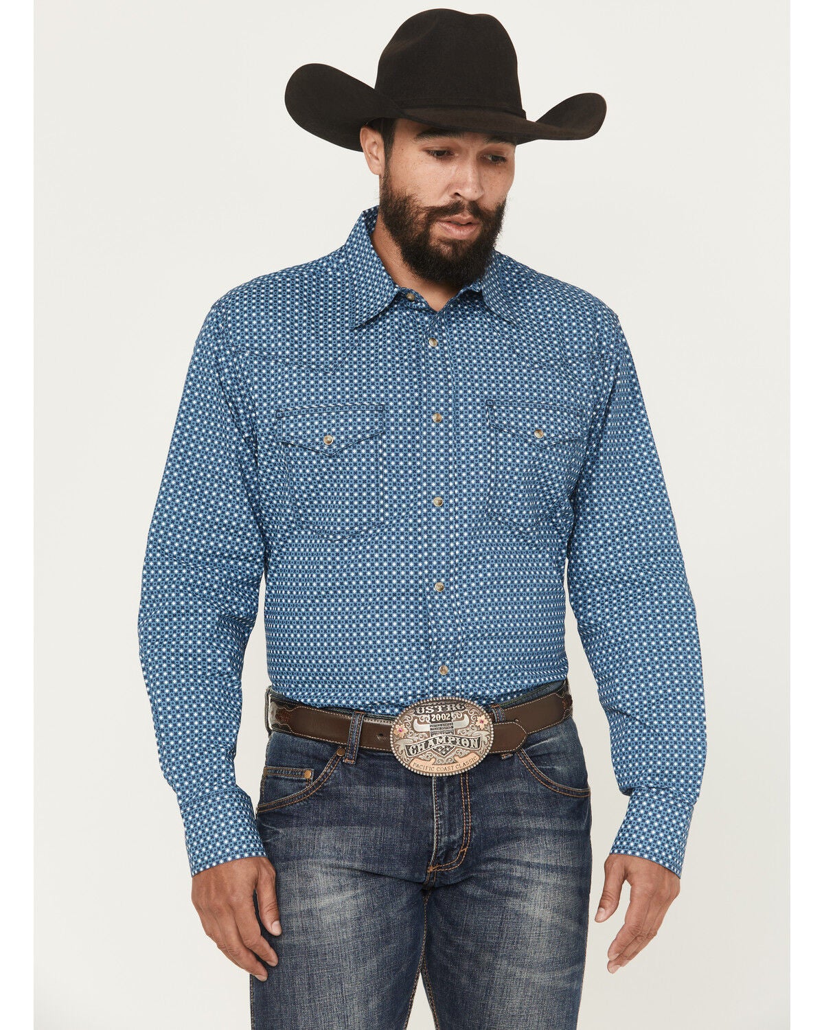 Image #1 - Wrangler 20X Men's Geo Print Long Sleeve Snap Stretch Western Shirt, Blue, hi-res