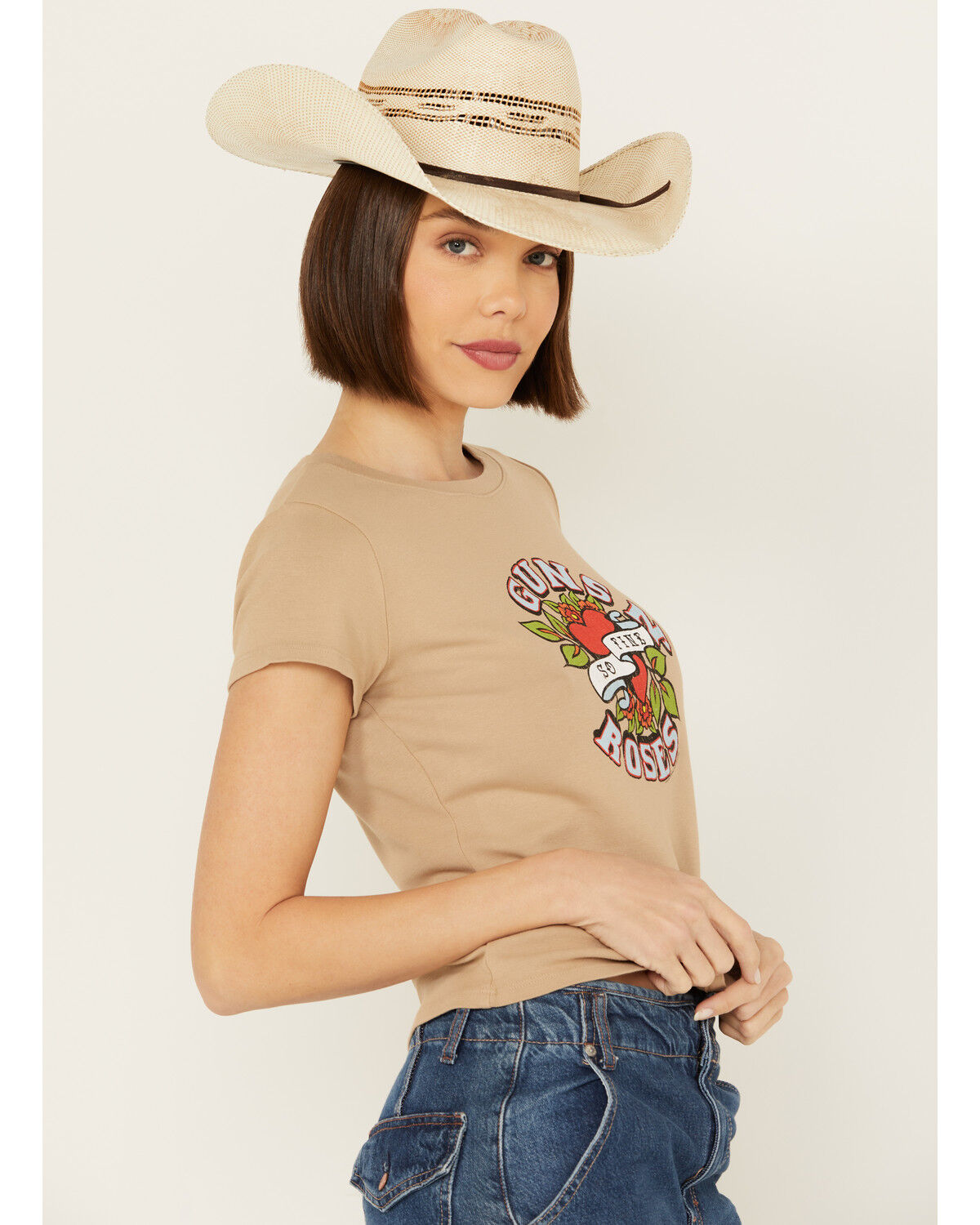 Image #2 - People of Leisure Women's Guns N' Roses Short Sleeve Baby Tee, Brown, hi-res