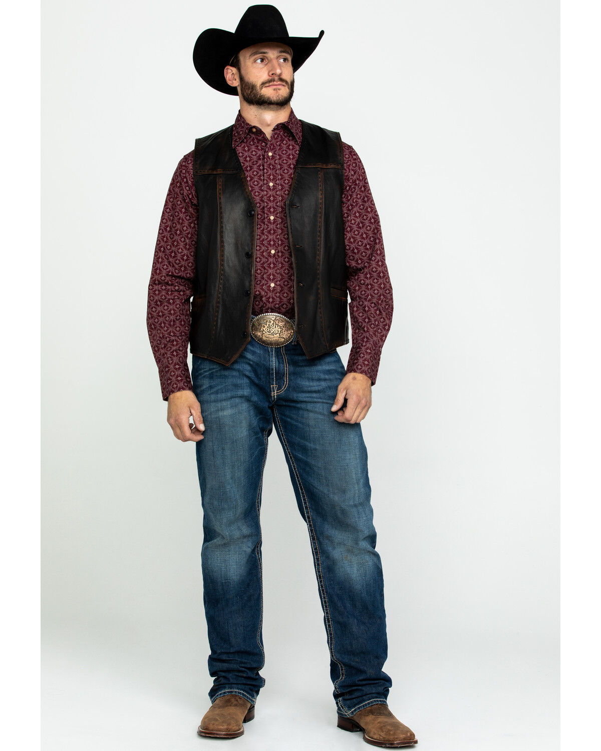Image #6 - Scully Leatherwear Men's Leather Buck Stitch Vest, Brown, hi-res