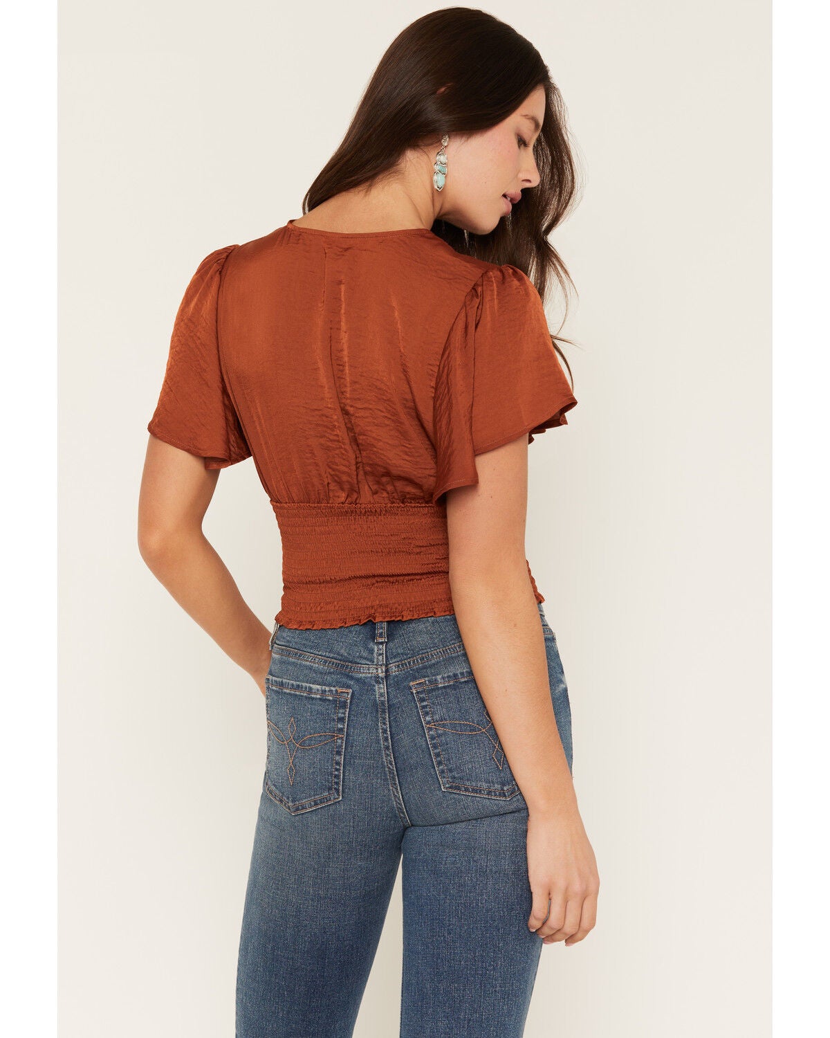 Image #4 - Shyanne Women's Millie Flutter Sleeve Smocked Waist Cropped Top, Brown, hi-res