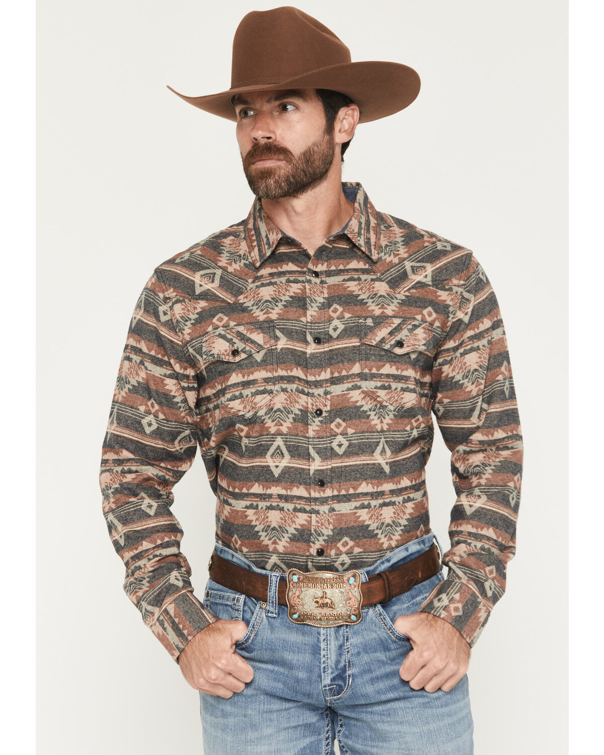 Image #1 - Cody James Men's Ironwood Southwestern Long Sleeve Snap Flannel Shirt, Brown, hi-res