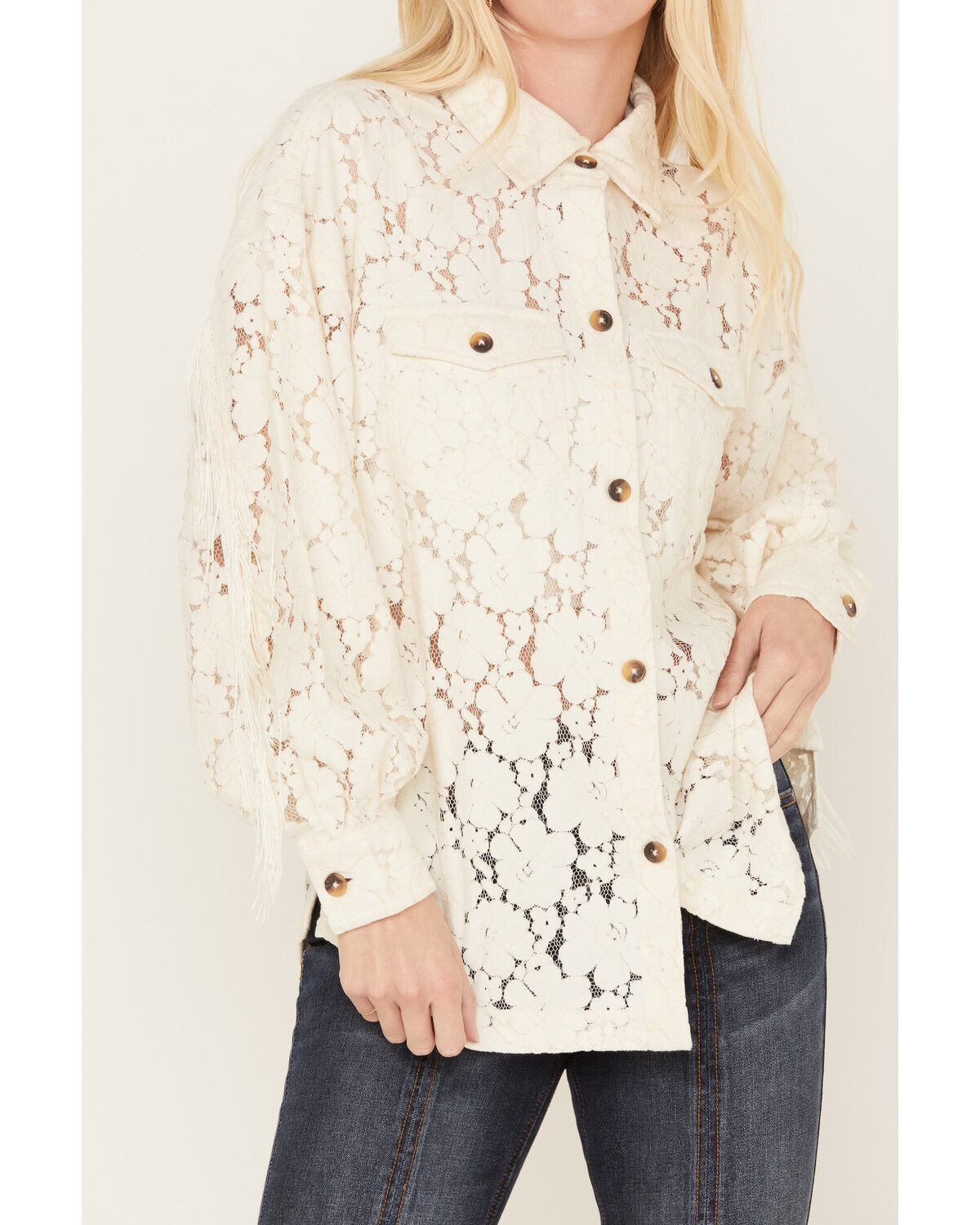 Image #3 - Shyanne Women's Lace Fringe Button-Down Shacket, Cream, hi-res