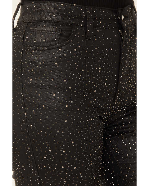 Image #2 - Vibrant Denim Women's Rhinestone Slit Hem Mid Rise Bootcut Jeans, Black, hi-res