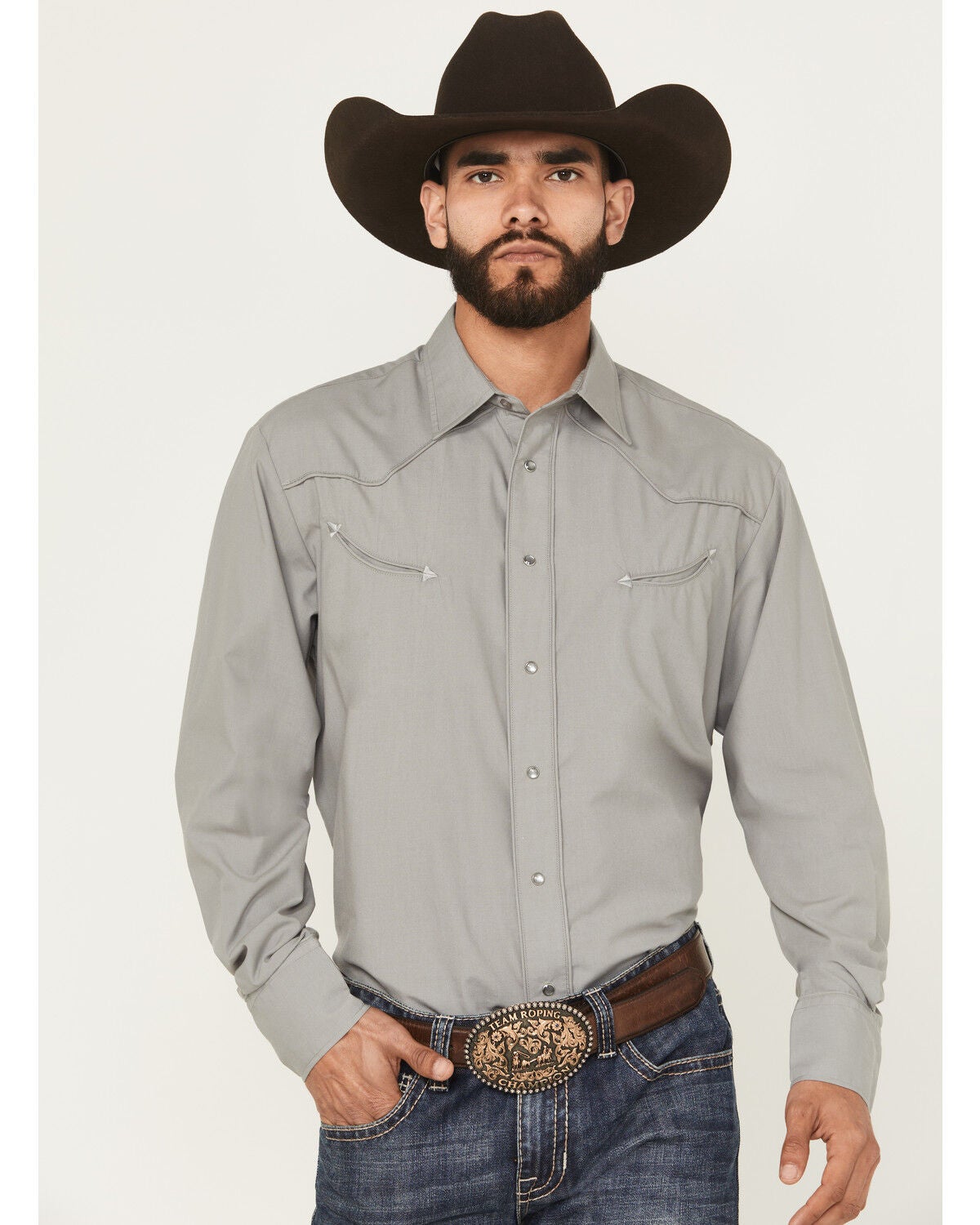 Roper Men's Desert Embroidered Long Sleeve Snap Stretch Western Shirt, Grey, hi-res