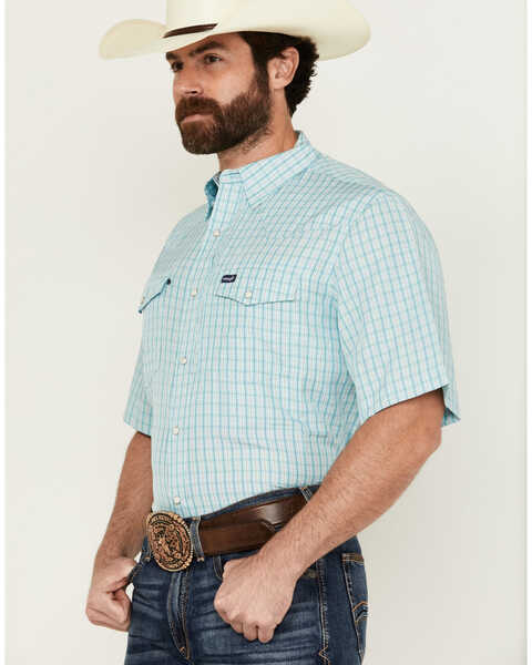 Image #2 - Wrangler Men's Plaid Print Short Sleeve Snap Performance Western Shirt - Tall , Turquoise, hi-res