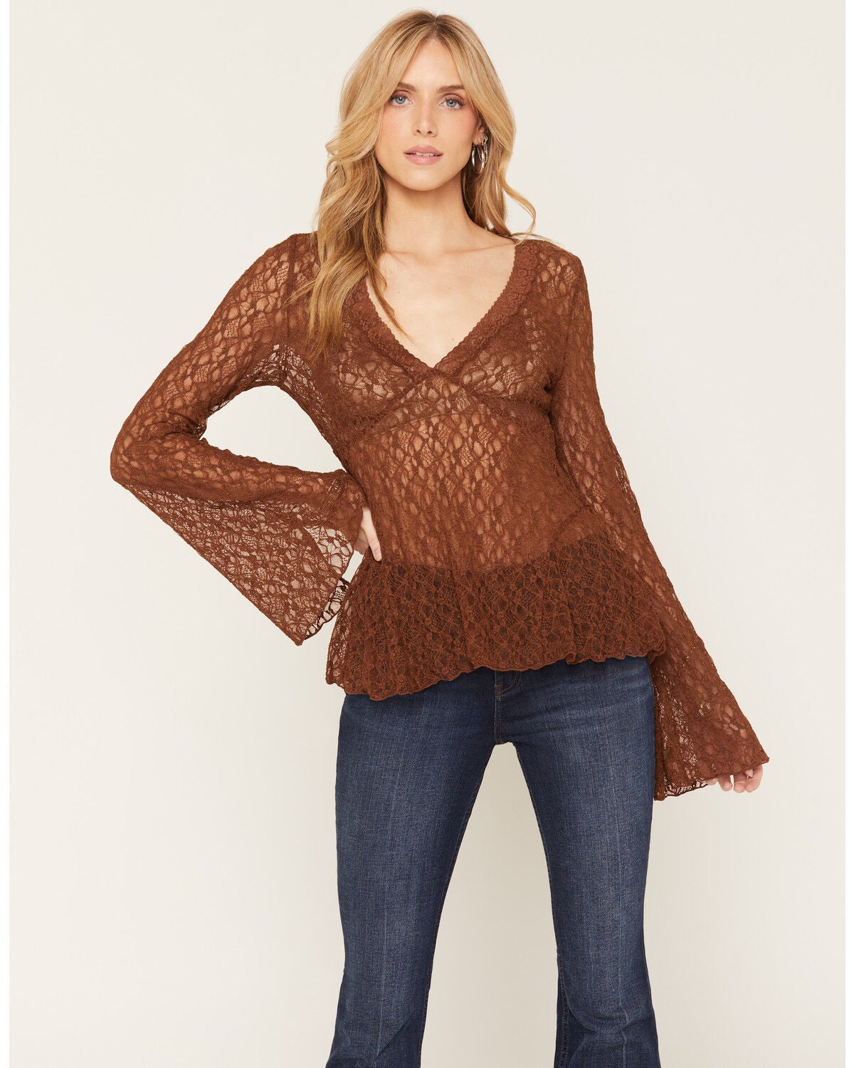 Image #1 - Shyanne Women's Lace Knit Long Sleeve Top, Bark, hi-res
