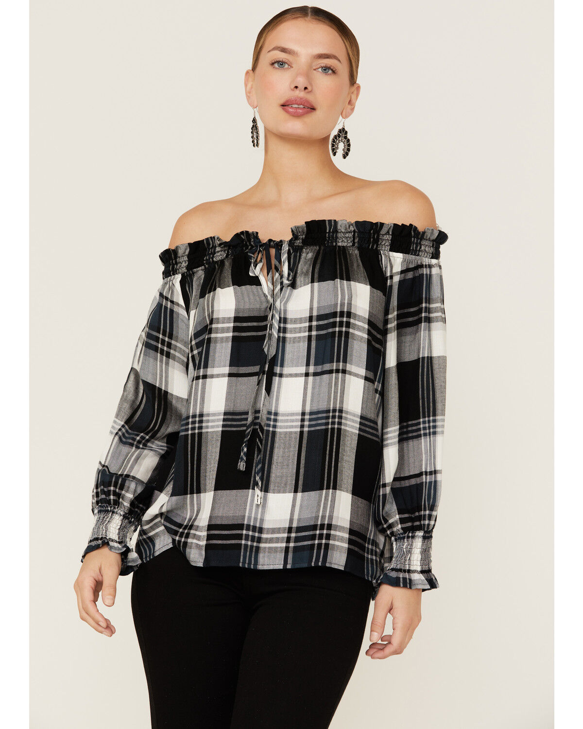 Image #1 - Wild Moss Women's Plaid Navy Off The Shoulder Top, Black, hi-res