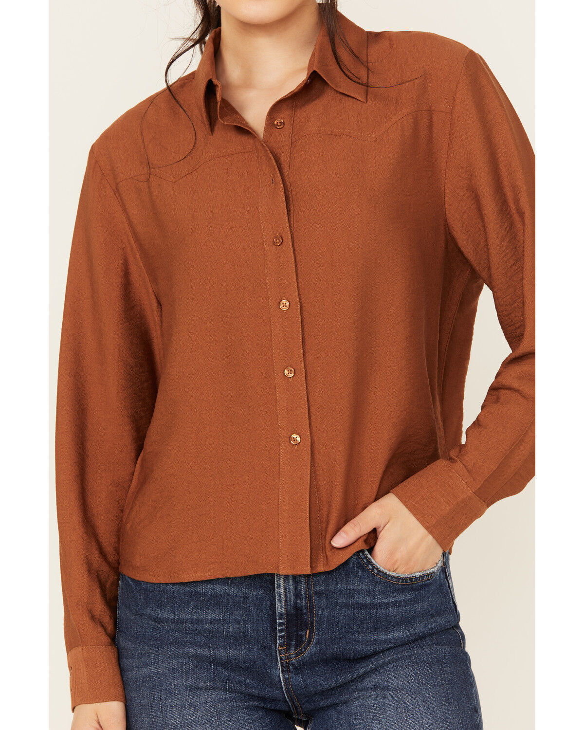 Image #3 - Evergreen Women's Solid Long Sleeve Button-Down Western Shirt, Caramel, hi-res