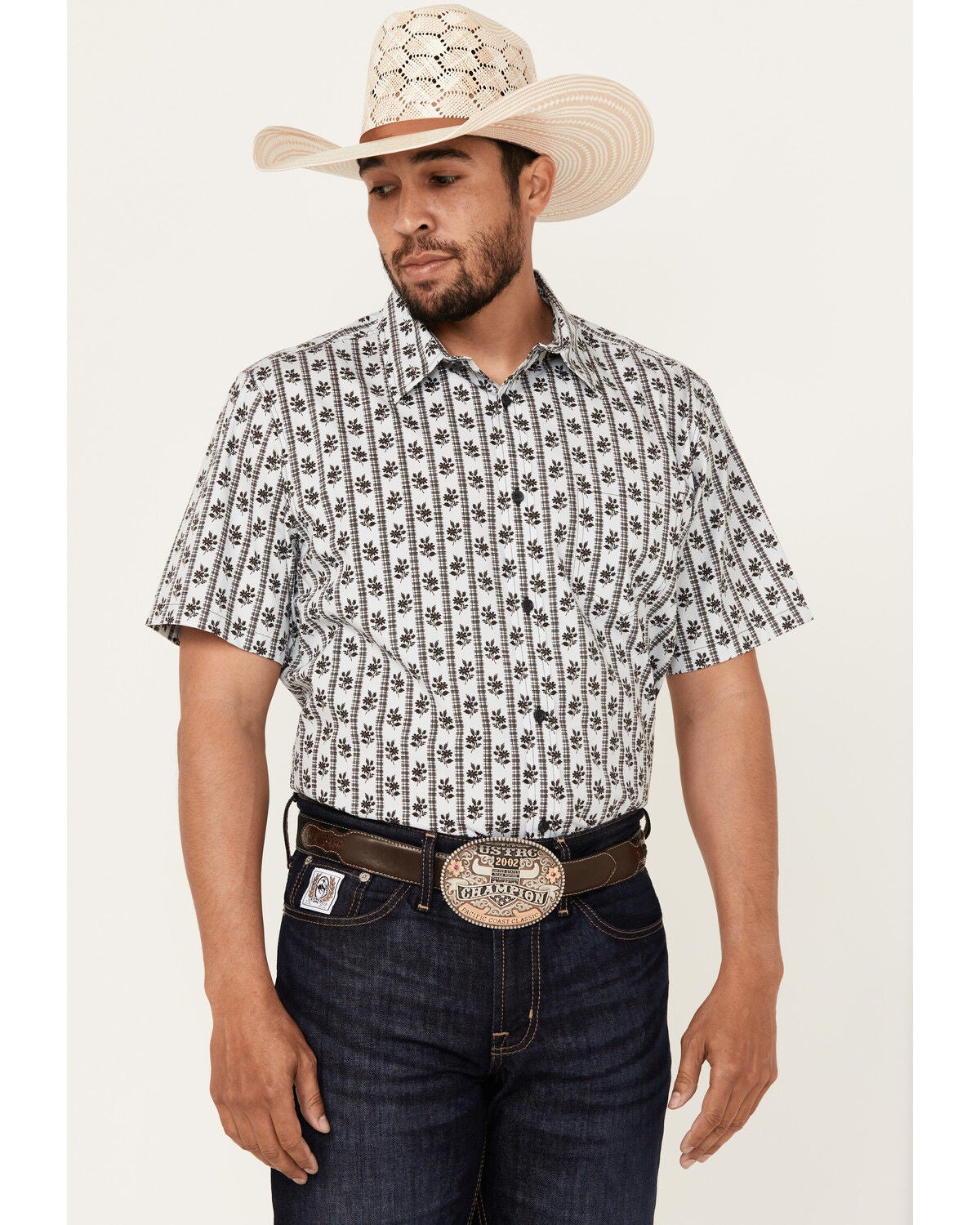 Image #1 - Gibson Trading Co Talking Stick Vertical Striped Print Short Sleeve Button-Down Western Shirt, Light Blue, hi-res