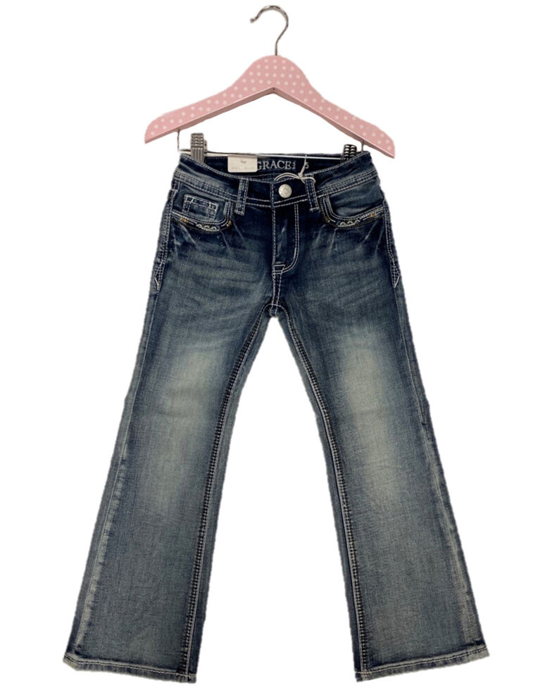 Grace In LA Toddler Girls' Light Wash Floral Steer Embellished Pocket Bootcut Jeans, Blue, hi-res