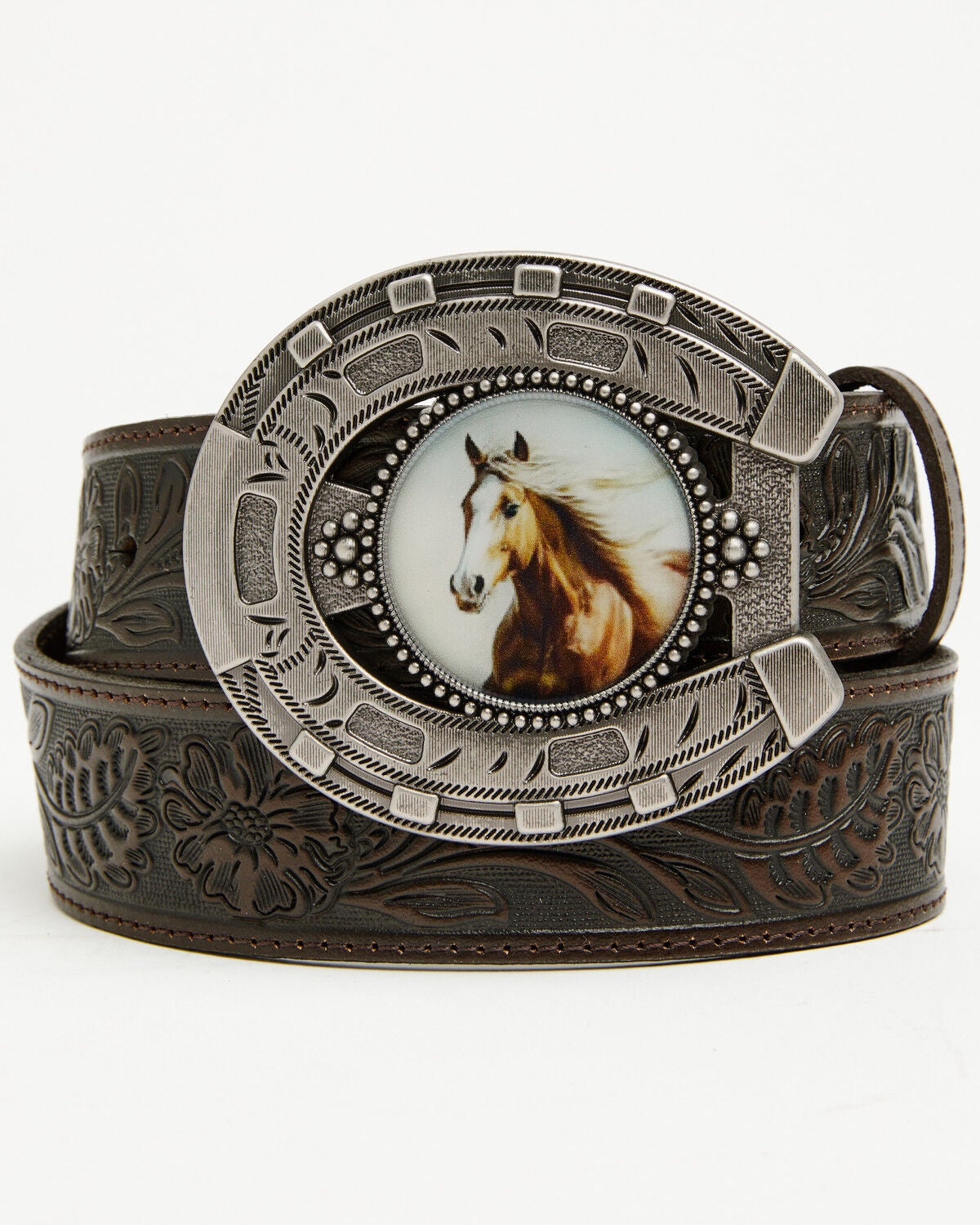 Shyanne Women's Arden Horseshoe Buckle Belt, Brown, hi-res