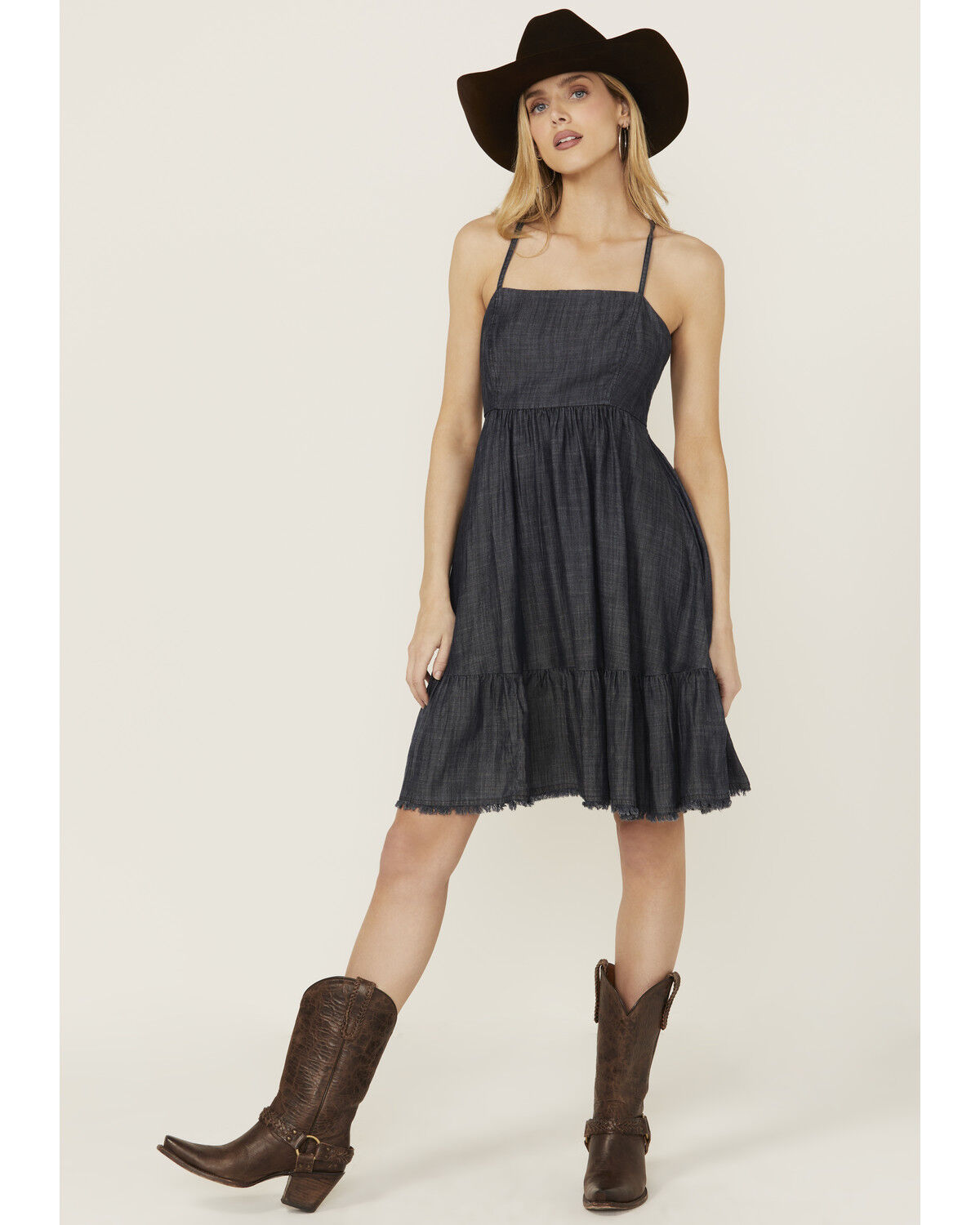 Image #1 - Ariat Women's Calico Chambray Tie Back Mini Dress, Navy, hi-res