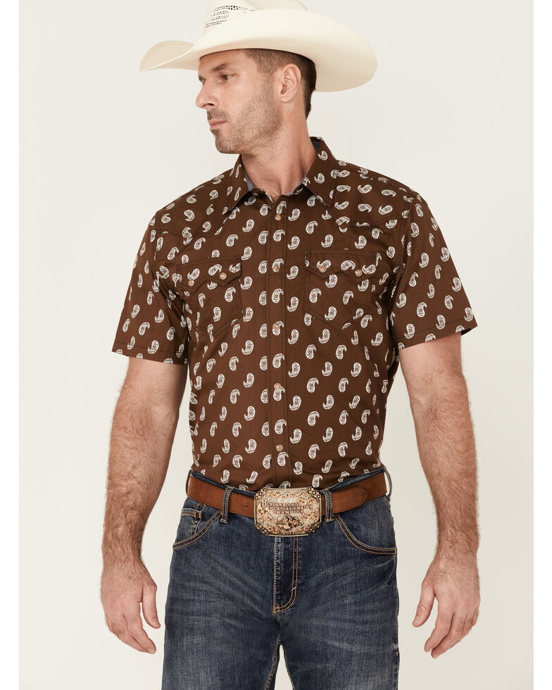 Cody James Men's Jockey Paisley Print Short Sleeve Snap Western Shirt , Brown, hi-res