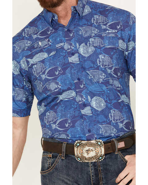 Image #3 - Ariat Men's VentTEK Outbound Fish Print Short Sleeve Button-Down Shirt - Big, Blue, hi-res