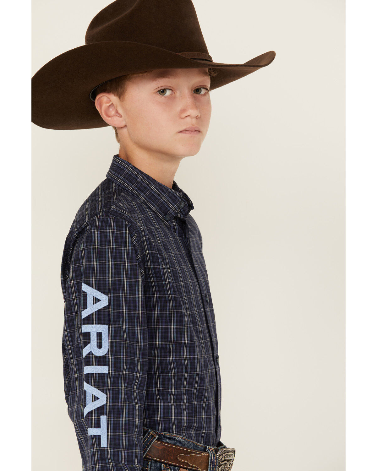 Image #2 - Ariat Boys' Team Plaid Print Long Sleeve Button-Down Western Shirt, Navy, hi-res