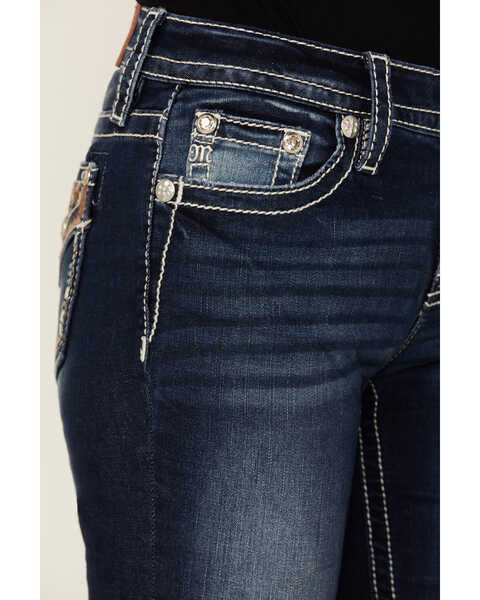 Image #4 - Miss Me Women's Dark Wash Geo Print Faux Flap Pocket Mid Rise Bootcut Denim Stretch Jeans, Dark Wash, hi-res