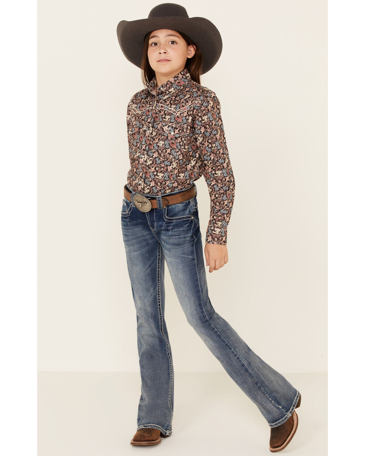Image #1 - Shyanne Girls' Light Embroidered Faux Flap Pocket Bootcut Jeans, Blue, hi-res