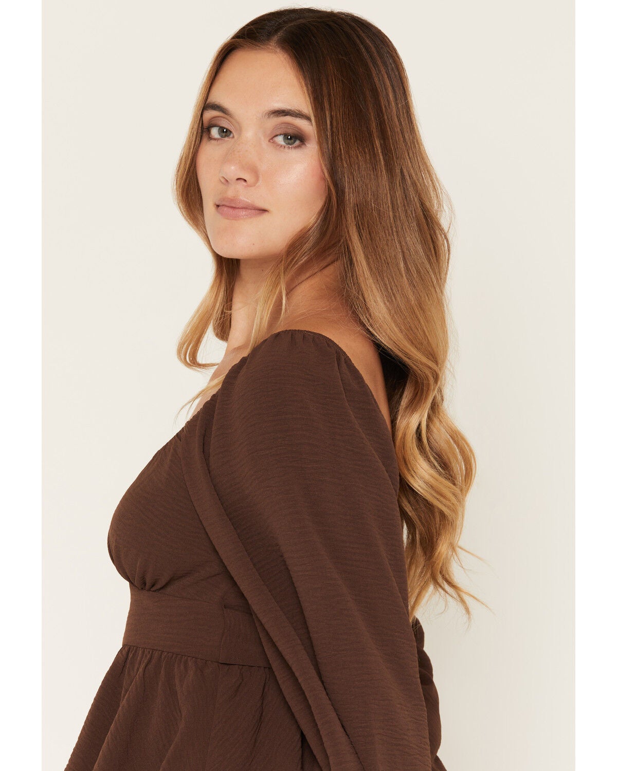Image #2 - Originality Women's Boot Barn Exclusive Emma Double Layer Peplum Top, Brown, hi-res