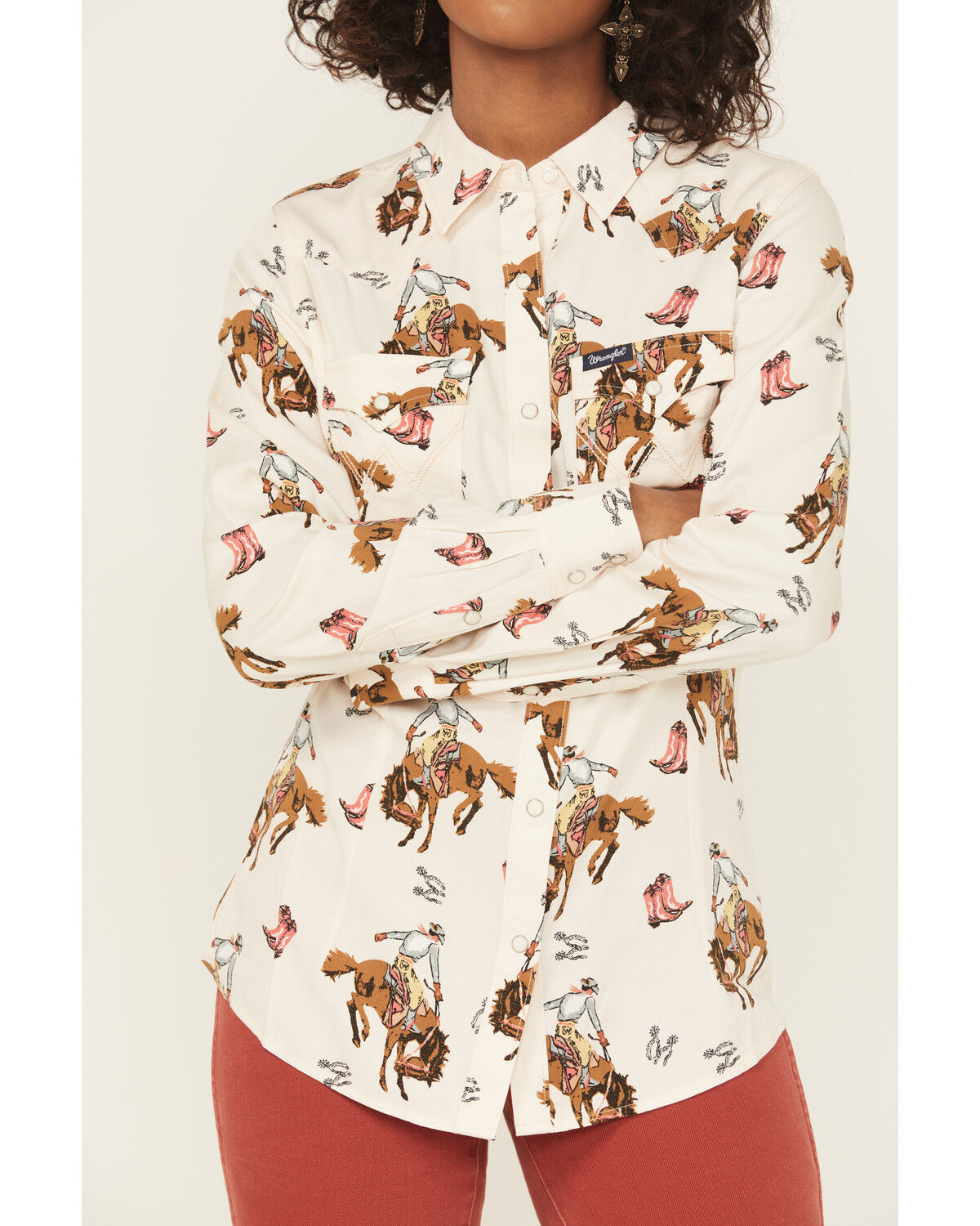 Image #3 - Wrangler Retro Women's Bucking Horse Conversational Print Long Sleeve Snap Western Shirt, Cream, hi-res