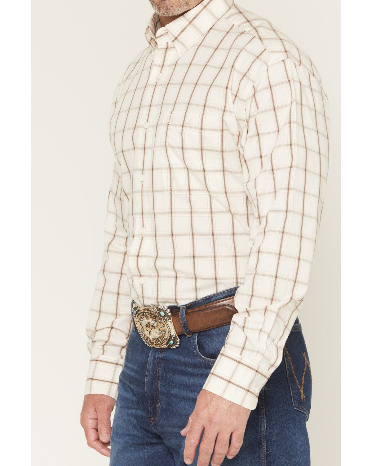 Image #3 - George Strait by Wrangler Men's Plaid Print Long Sleeve Button-Down Stretch Western Shirt - Big, Cream, hi-res