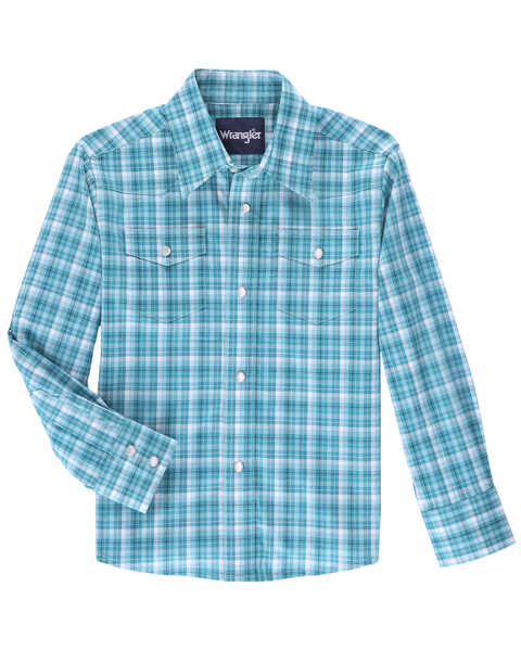 Image #1 - Wrangler Boys' Wrinkle Resist Plaid Print Long Sleeve Pearl Snap Stretch Western Shirt , Teal, hi-res
