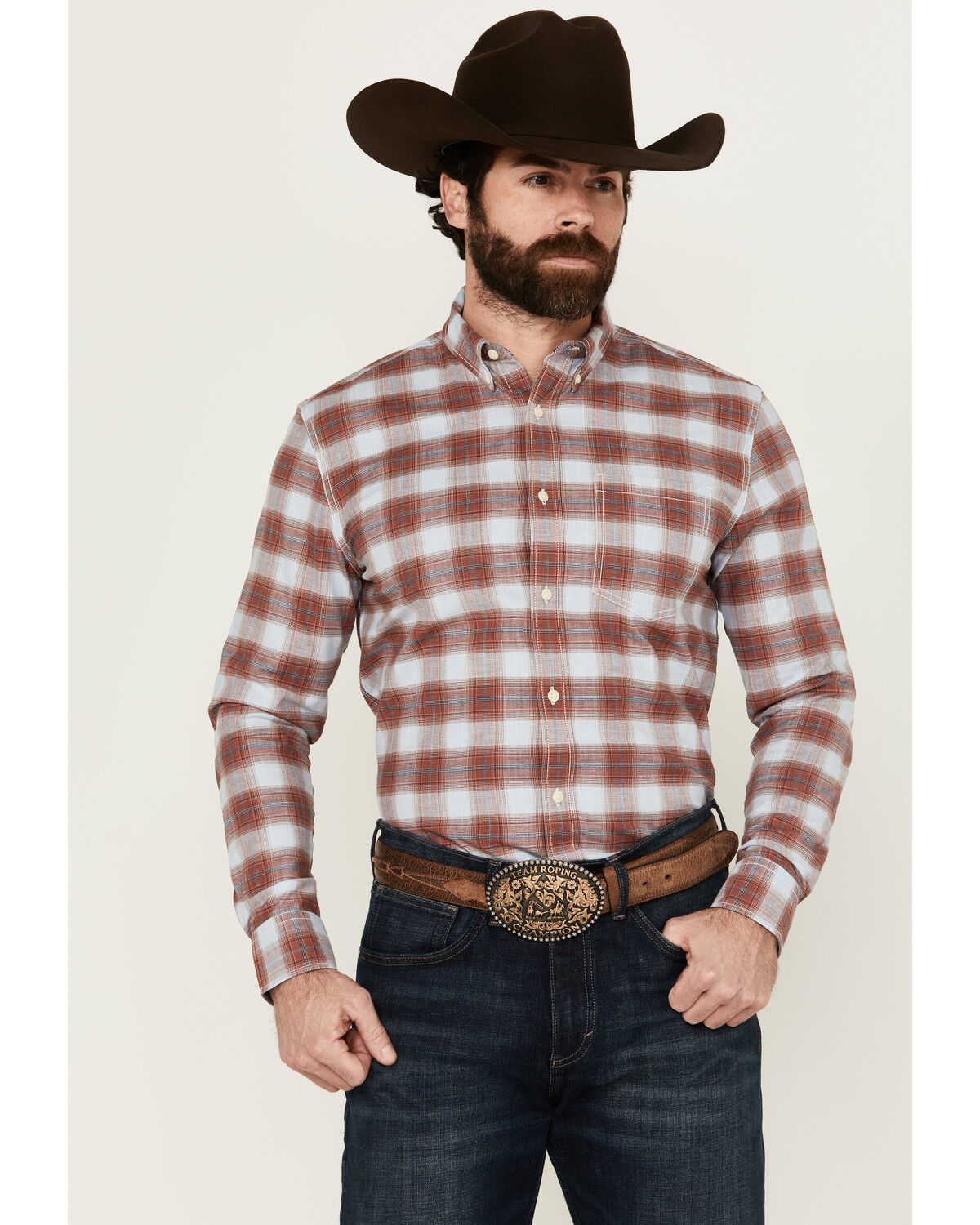 Image #1 - Cody James Men's Rush Plaid Print Long Sleeve Button-Down Stretch Western Shirt - Tall, Ivory, hi-res