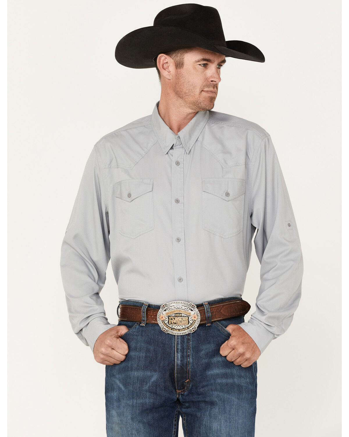 Image #1 - RANK 45® Men's Roughie Performance Long Sleeve Western Button-Down Shirt, Grey, hi-res