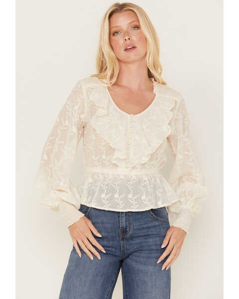 Image #1 - Shyanne Women's Floral Embroidered Chiffon Ruffle Blouse, Off White, hi-res